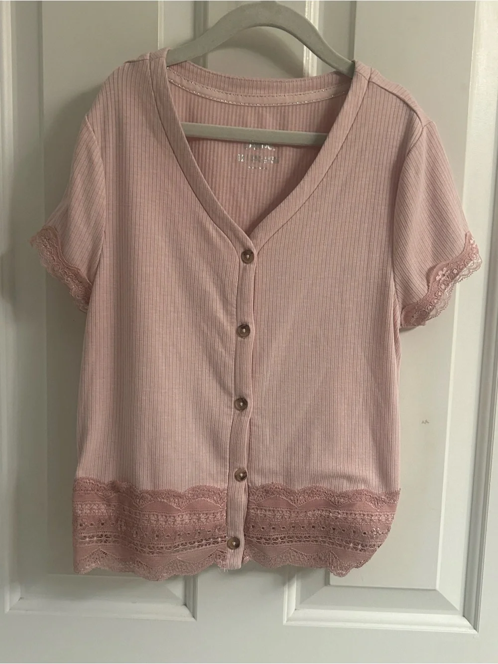 Girls Justice Pink Ribbed Lace-Trim Button-Front Short Sleeve Top